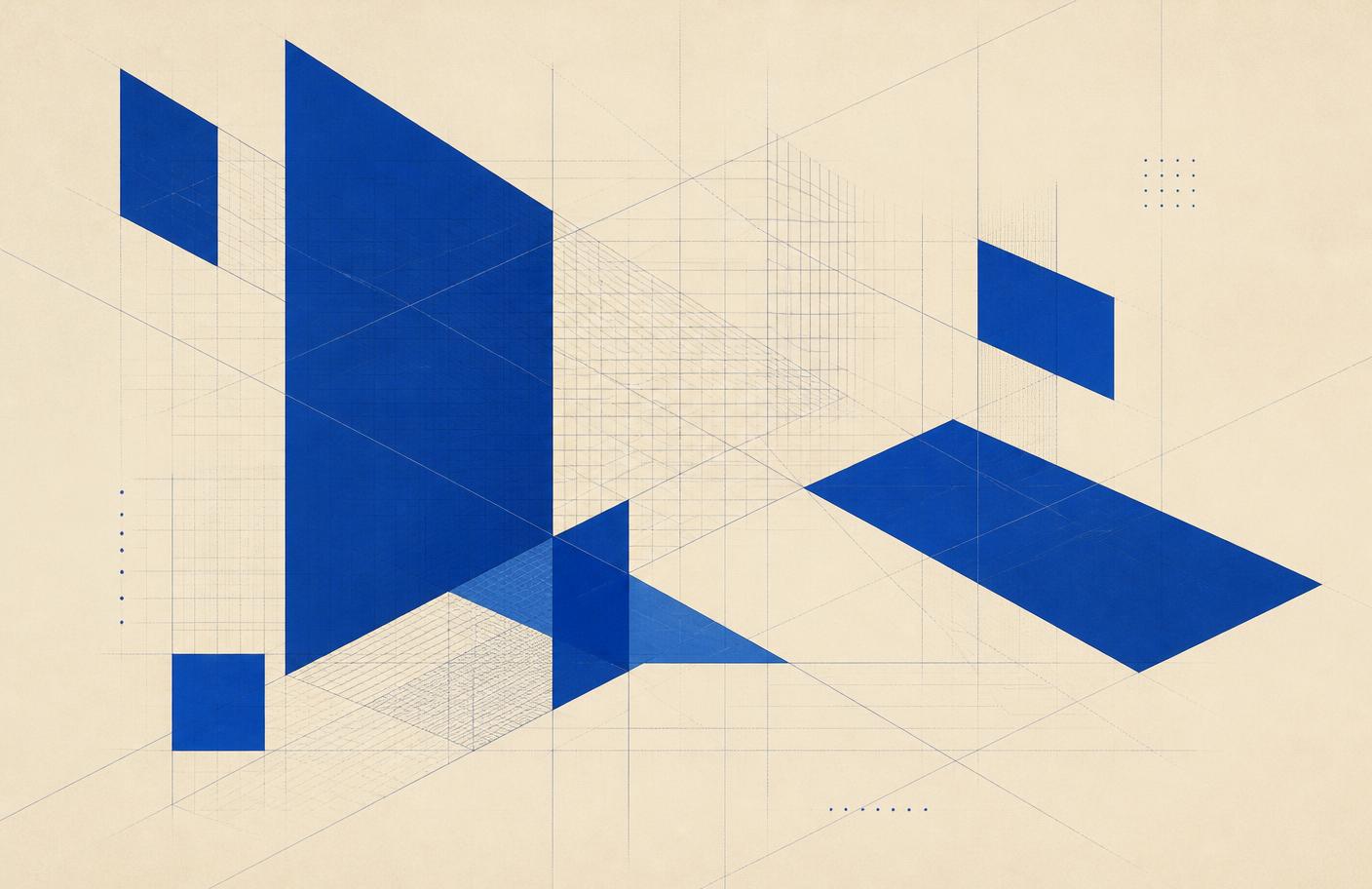 Abstract geometric drawing of intersecting planes and fine grid lines representing system architecture