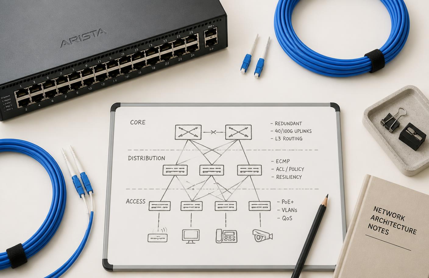Network switch, fibre patch cables and a whiteboard architecture sketch arranged on a pale desk
